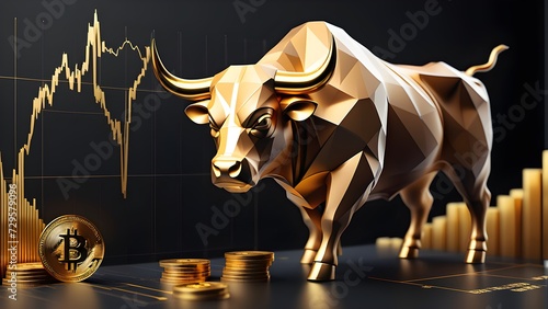 Bull financial infographic stock market chart award. Gold and black color low poly lines. Generative AI photo