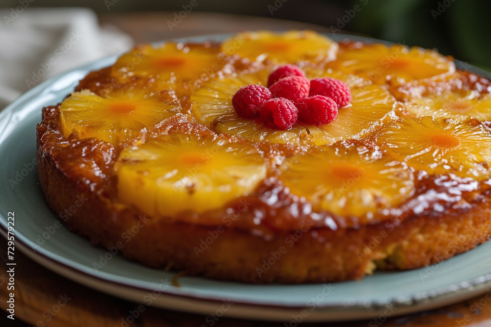 Crushed upside down cake close-up. Daylight, AI-generated. Crushed upside down cake close-up. Daylight, AI-generated.