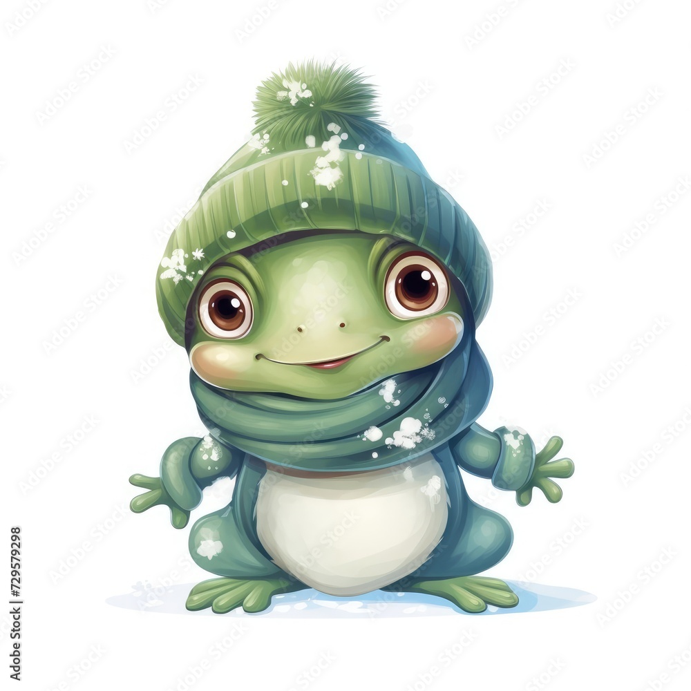 Fototapeta premium Illustration of a cute frog wearing a knitted hat, scarf on a white background.