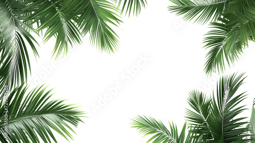 Tropical frame with green palm leaves. Tropical plant branches isolated on a transparent background.