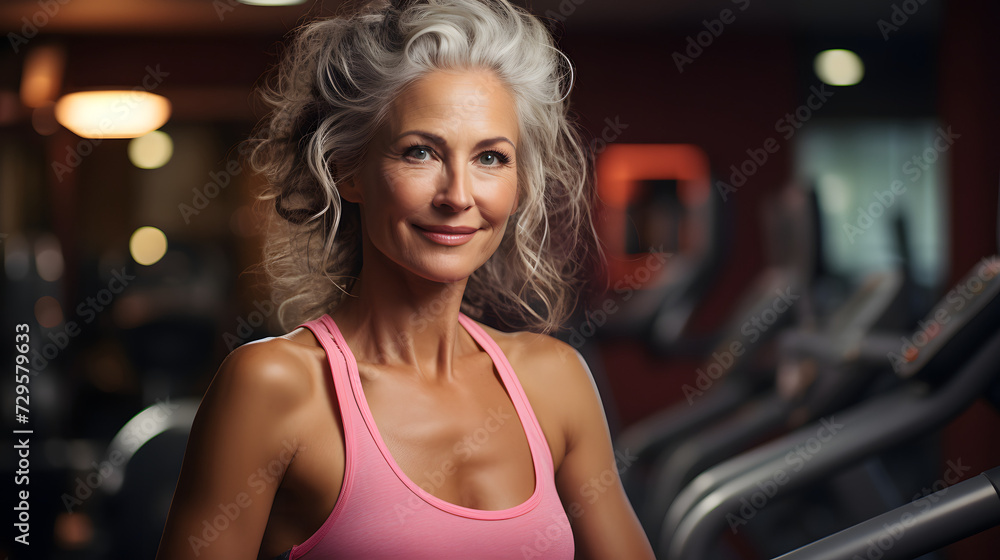 Fototapeta premium A confident blond woman with a warm smile and stylish pink tank top stands indoors, her hair falling over her shoulder as she exudes grace and fashion