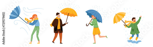 Rain with Man and Woman Walking with Umbrella in Wet Weather Vector Set