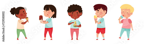 Happy Kid Character Eating Ice Cream Enjoy Frozen Dessert Vector Set
