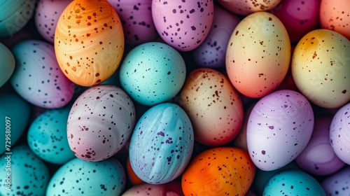 Close-Up Array Of Multicolored Easter Eggs With Speckled Patterns, Offering A Rich Tapestry Of Hues.