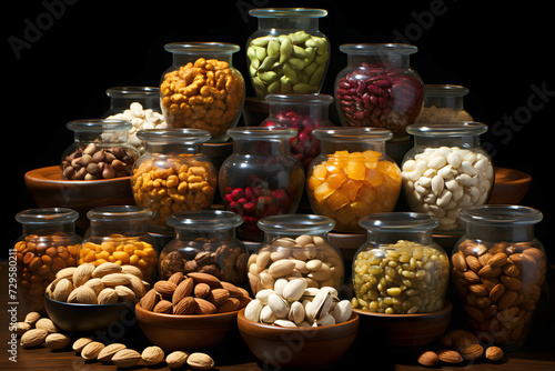 large assortment of different types of nuts in jars. vegan food. natural vitamins.