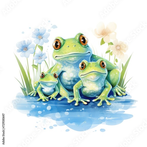 Illustration of a family of frogs on a white background.