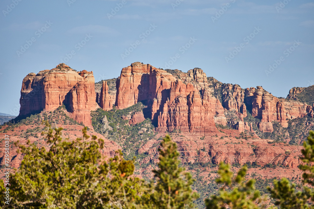 Sedona Red Rock Cliffs with Evergreen Frame, Clear Sky