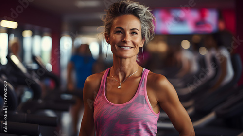 A fit and radiant woman confidently poses in her gym attire, flashing a bright smile towards the camera as she stands amongst exercise equipment, showcasing her dedication to physical fitness and hea