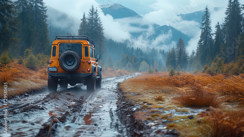 A 4x4 vehicle navigates a muddy trail amidst golden foliage, with misty mountains as a backdrop, encapsulating the spirit of offroad adventure. © Valeriy