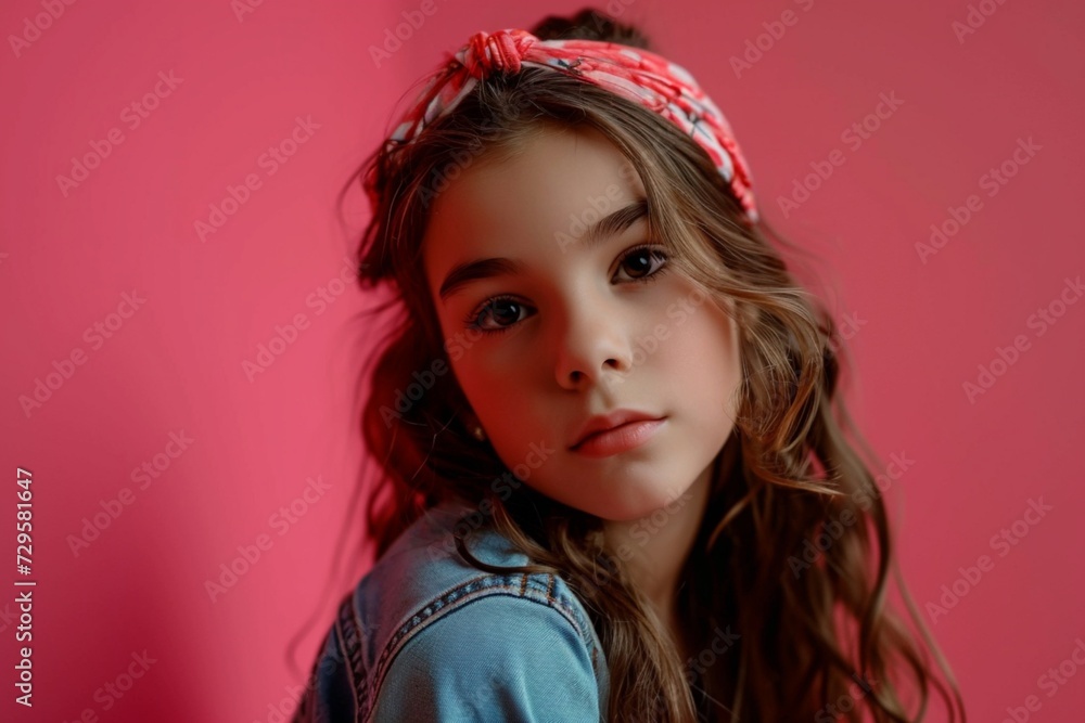 Confident and fashionable young girl model on a pink background, captured in high definition, showcasing a delightful combination of cuteness and contemporary style.