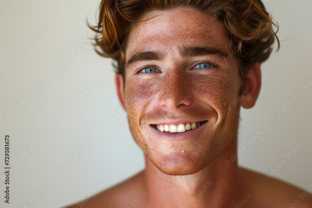 Portrait of a handsome young man with freckles on his face - obrazy, fototapety, plakaty 