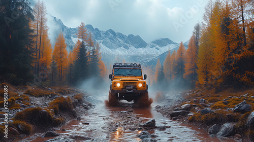 A 4x4 vehicle navigates a muddy trail amidst golden autumn trees, under the majestic snow-capped mountains, embodying the spirit of offroad adventure. photo