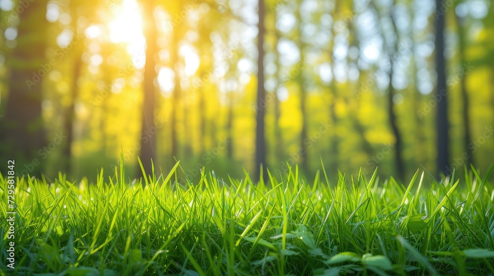 green grass against the background of a blurred spring forest. Tall trees with green foliage. Spring. Springtime in nature. Layout for your product green grass against the background of a blurred spring forest. Tall trees with green foliage. Spring. Springtime in nature. Layout for your product