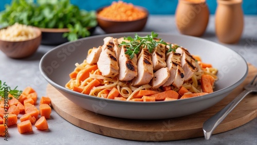 Grilled chicken fillet and carrot pasta healthy lunch menu keto food.