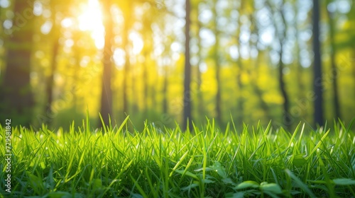 green grass against the background of a blurred spring forest. Tall trees with green foliage. Spring. Springtime in nature. Layout for your product
