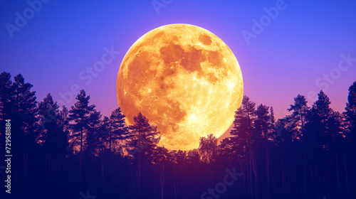 huge, golden full moon rises over a dark forest silhouette against a dusk sky, creating a dramatic and warm scene
