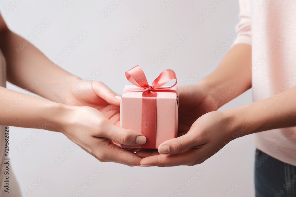 Image of two pairs of hands holding a small gift box. transfer of a gift from men's hands to women's hands. Congratulations on the holiday, expression of feelings, declaration of love. Generative Al Image of two pairs of hands holding a small gift box. transfer of a gift from men's hands to women's hands. Congratulations on the holiday, expression of feelings, declaration of love. Generative Al