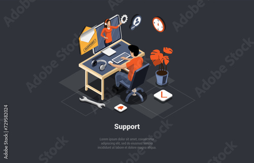 Call Center And Technical Support 24 7. Hotline Operator Advise Customers. Woman Virtual Online Consultant In Headphones Helping Customer To Solve Problems. Isometric 3d Cartoon Vector Illustration