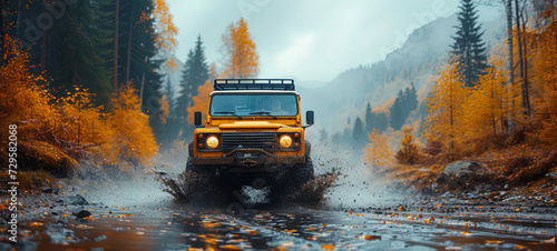 A 4x4 vehicle on an off-road adventure, splashing through mud in a picturesque autumn forest, with misty mountains enhancing the wild atmosphere.