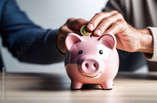 The hands of the elderly reach for the piggy bank and hold a symbolic coin. Retirement savings, ensuring a good life, investing in the future, prosperity. Blurry. Generative Al