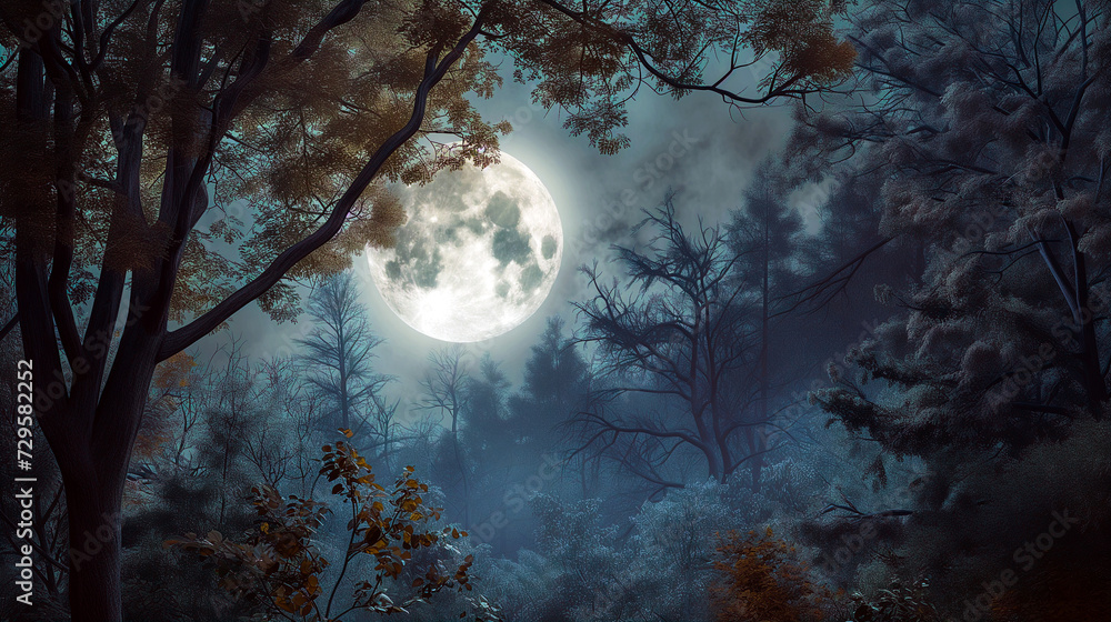 bright full moon illuminates a misty forest with various trees under a night sky, creating a mysterious and enchanting atmosphere bright full moon illuminates a misty forest with various trees under a night sky, creating a mysterious and enchanting atmosphere