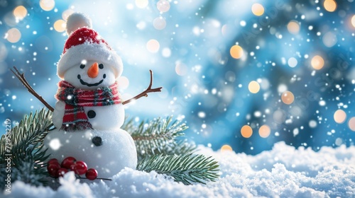 Winter Wonderland Greeting Card with Happy Snowman in Snowy Landscape © AIGen