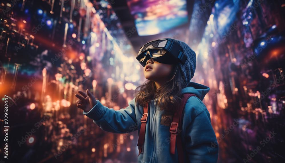 Happy young child wearing a virtual reality headset on a bokeh lights background, AI generated image Happy young child wearing a virtual reality headset on a bokeh lights background, AI generated image