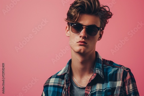 Fashionable and confident young men model on a pink background, photographed in high definition, showcasing a modern and stylish presence with charm.