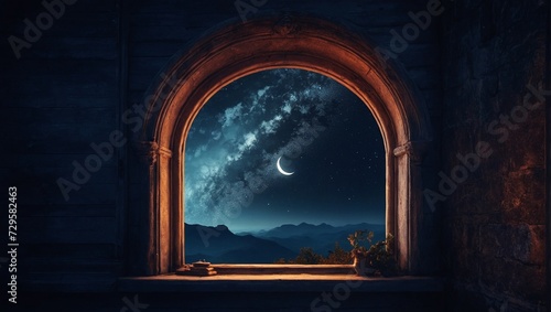 Window scene with a crescent moon shining in the night sky, Generative AI.