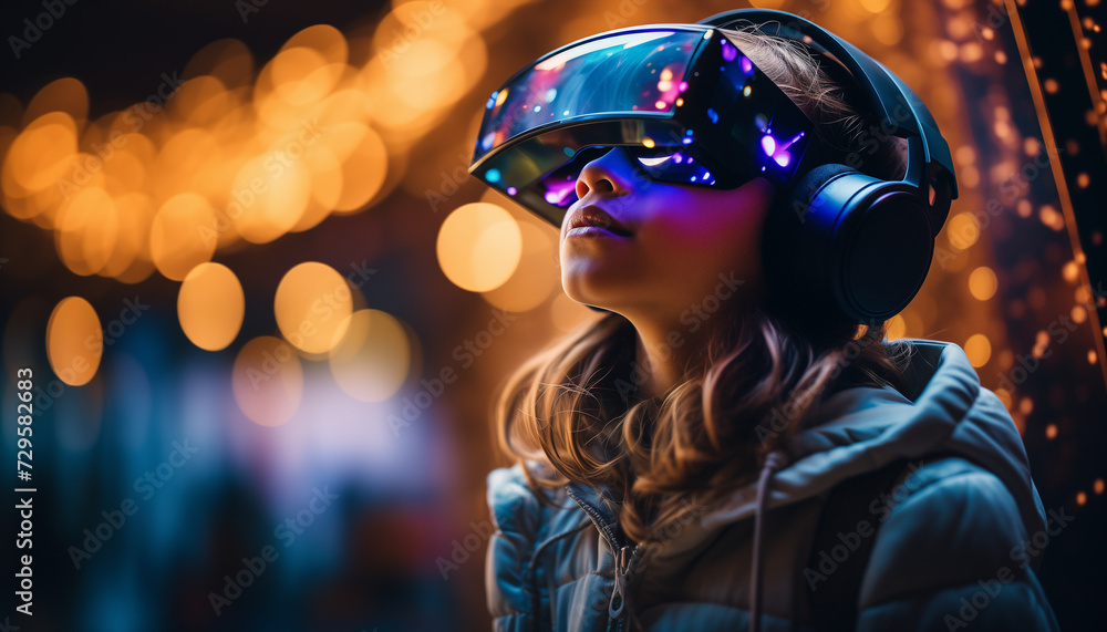 Happy young child wearing a virtual reality headset on a bokeh lights background, AI generated image Happy young child wearing a virtual reality headset on a bokeh lights background, AI generated image