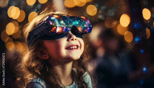 Happy young child wearing a virtual reality headset on a bokeh lights background, AI generated image