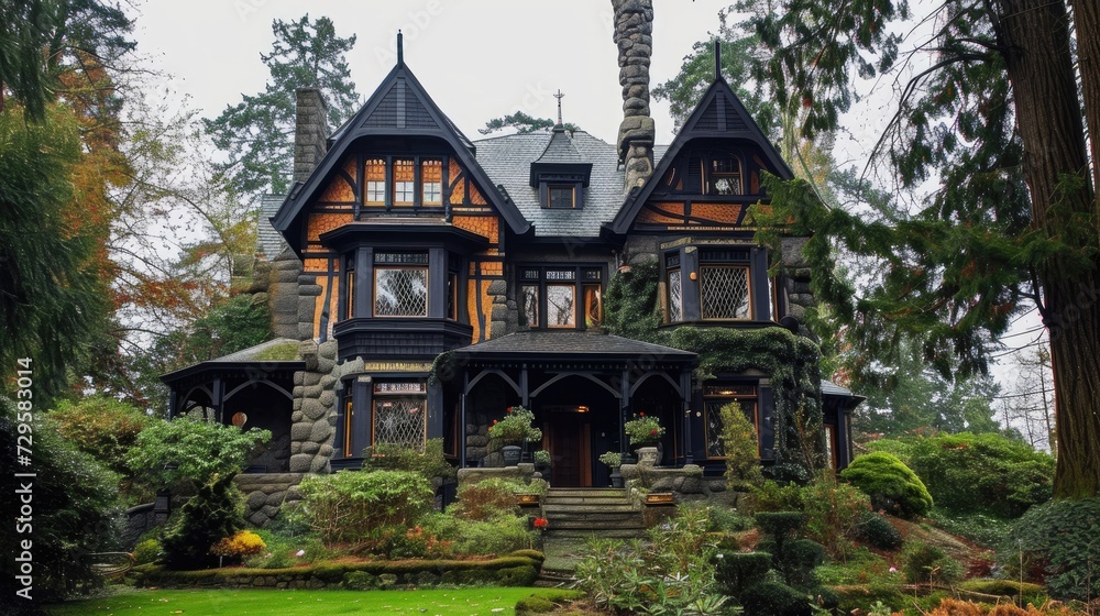 Beautiful old house in the park on a foggy day