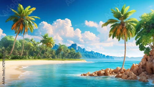 Fototapeta Naklejka Na Ścianę i Meble -  tropical paradise beach with white sand and coco palms travel tourism wide panorama background concept
