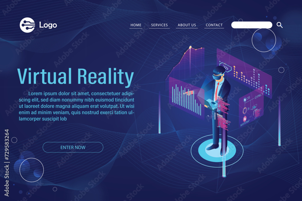 Man wearing goggle vr with touching interface into virtual reality world future technology flat isometric vector illustration. - obrazy, fototapety, plakaty 