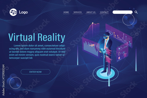 Man wearing goggle vr with touching interface into virtual reality world future technology flat isometric vector illustration.
