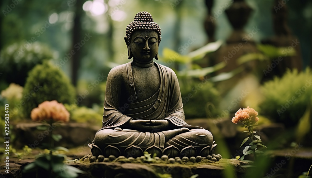 Meditating statue in lotus position brings harmony to nature generated by AI
