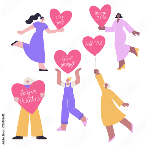 St Valentine Day for single. Various happy women with hearts. Self love and self acceptance concept. Vector illustration set