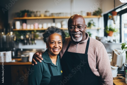 Portrait of a smiling senior couple restaurant owners photo