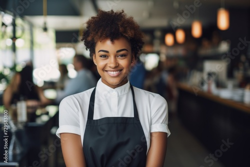 Smiling portrait of a young waitress in cafe or bar © Geber86
