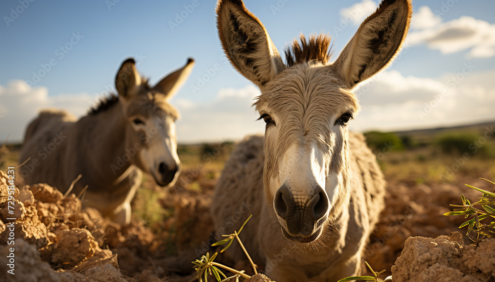 Cute donkey and goat grazing in rural meadow at sunset generated by AI