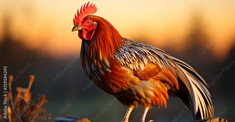 Rooster stands proud, crowing at sunrise in the meadow generated by AI