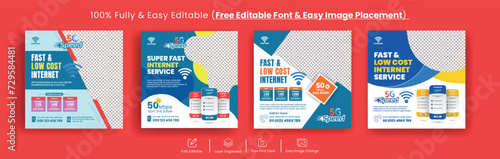 Set of editable Promotional social media post banner ad for Broadband internet service and wifi Network connection, telecommunication website banner, flyer or poster template
