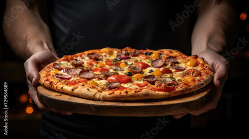 Mans hands holding delicious freshly cooked pizza with cheese, ham, green. Dark apron background