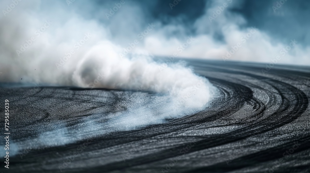 Aerial view abstract background with tire marks and smoke on race track. Generative Ai - obrazy, fototapety, plakaty 