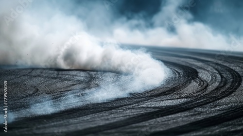 Aerial view abstract background with tire marks and smoke on race track. Generative Ai photo