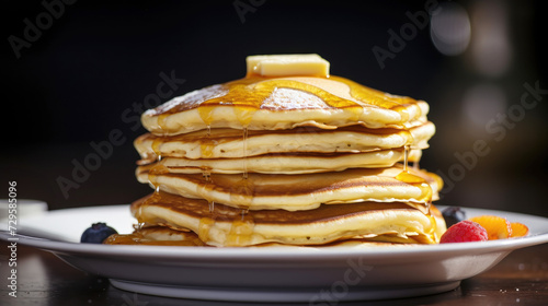 Pancake day food background. Delicious stack of freshly made pancakes with melted butter and honey on the dark background