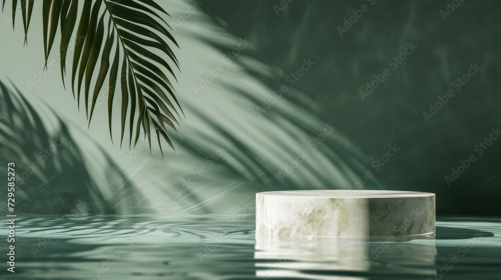 Podium pedestal standing in water, shadow made of palm leaf on deep green pastel background for product presentation or showcase empty mockup - obrazy, fototapety, plakaty 