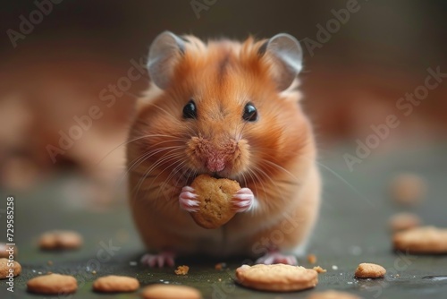 Hungry pet hamster eats cookies indoors photo