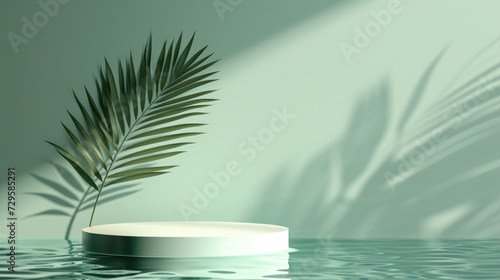 Podium pedestal standing in water, shadow made of palm leaf on deep green pastel background for product presentation or showcase empty mockup