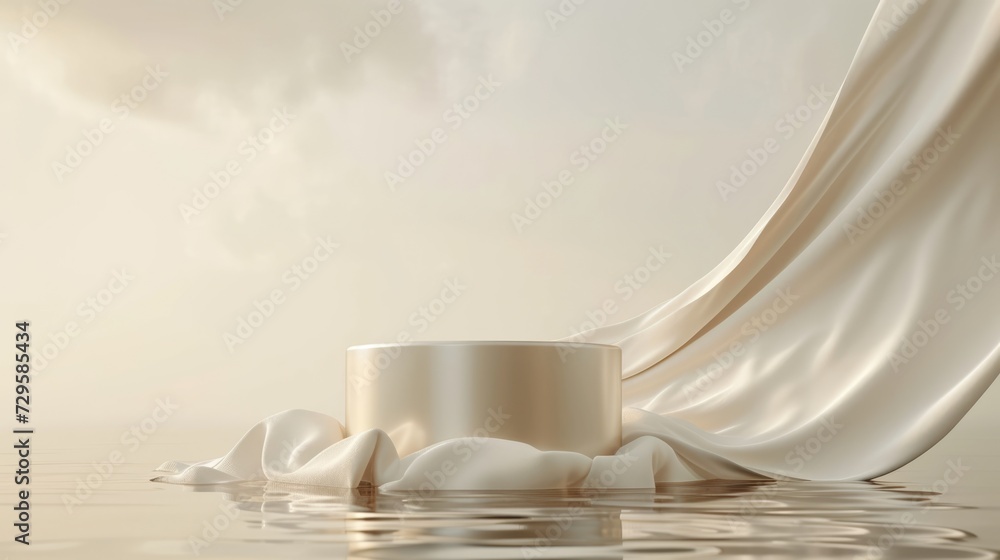 Podium pedestal standing in water, silky cloth in motion and clouds on beige background for product presentation or showcase empty mockup